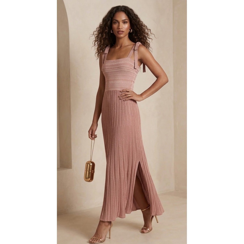 NWT Zimmermann Lucky Tie Shoulder Metallic Rib Maxi Dress in Metallic Pink Sz 10